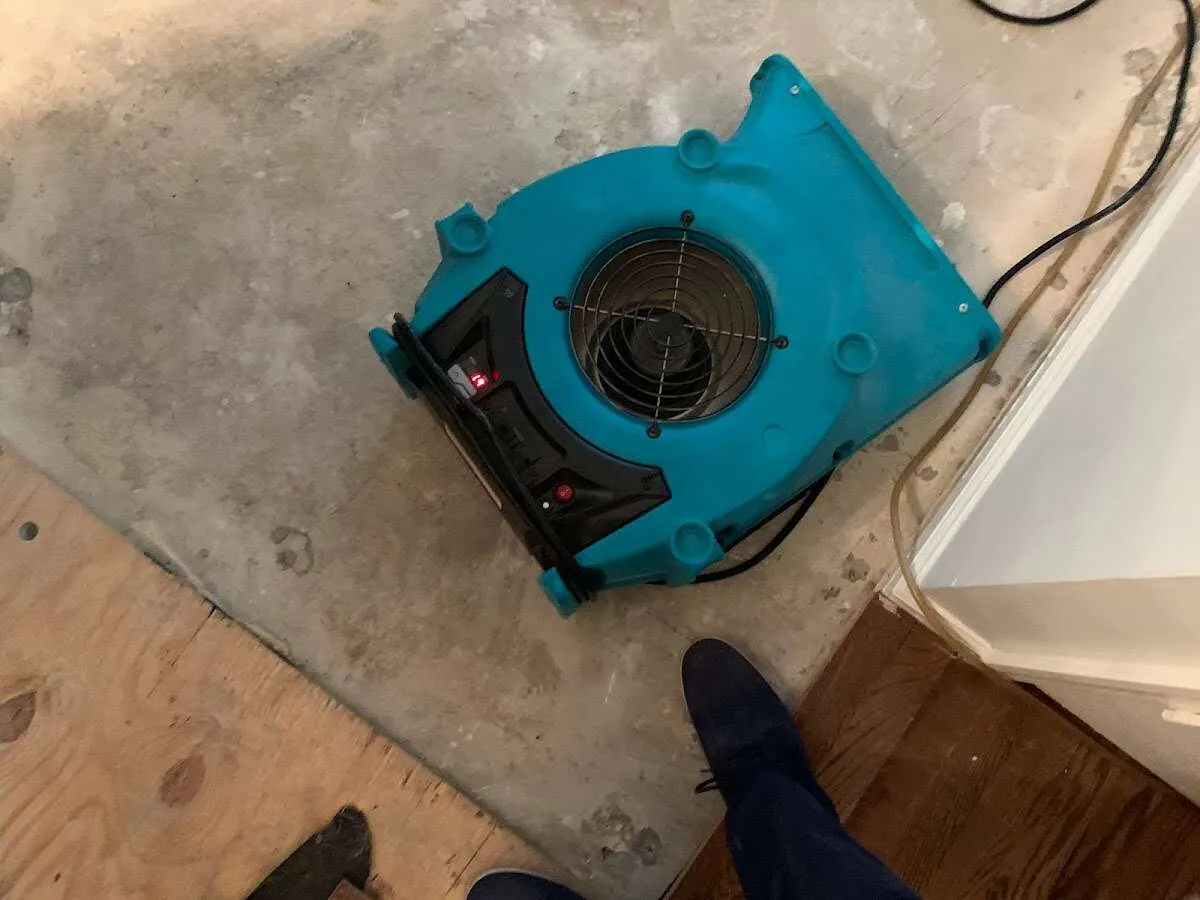 Air mover drying subfloor during Commercial Water Damage Restoration in Lansdowne